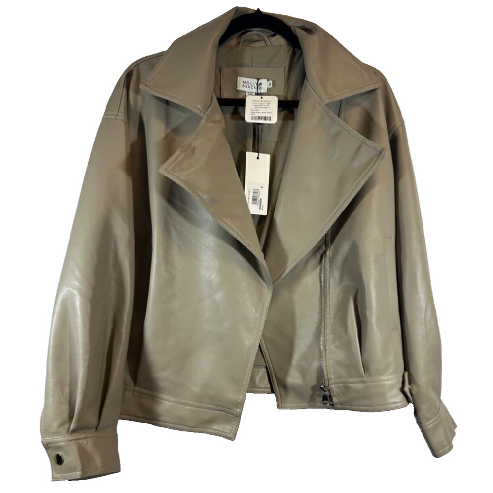 NEW Molly Bracken Womens Size S Beige Moto Jacket Faux Vegan Leather Full Zip
